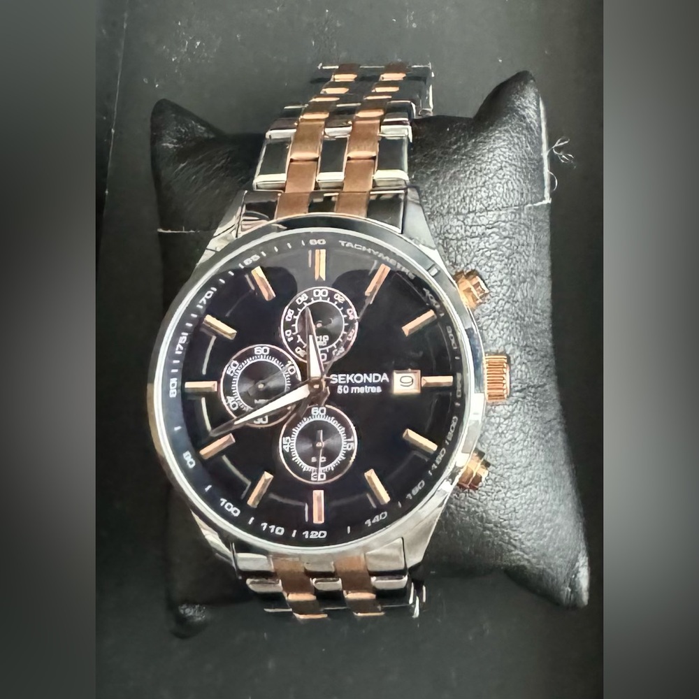 SEKONDA - Sports Chronograph Watch | Two Tone Case & Stainless Steel Navy Dial